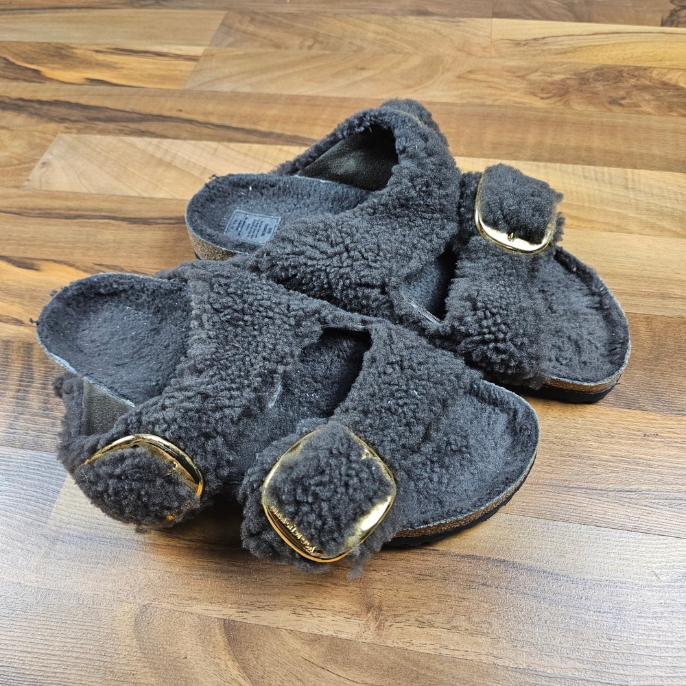 Birkenstock Arizona Big Buckle Shearling Teddy Sandals Black Anthracite EU 41